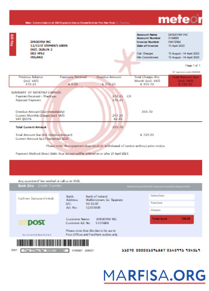 Downloadable Meteor utility business bill, SCR sample